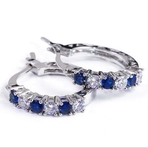 Women Small Hoop Pierced Earrings Clear Blue Cubic Zirconia CZ Silver Tone NWOT
